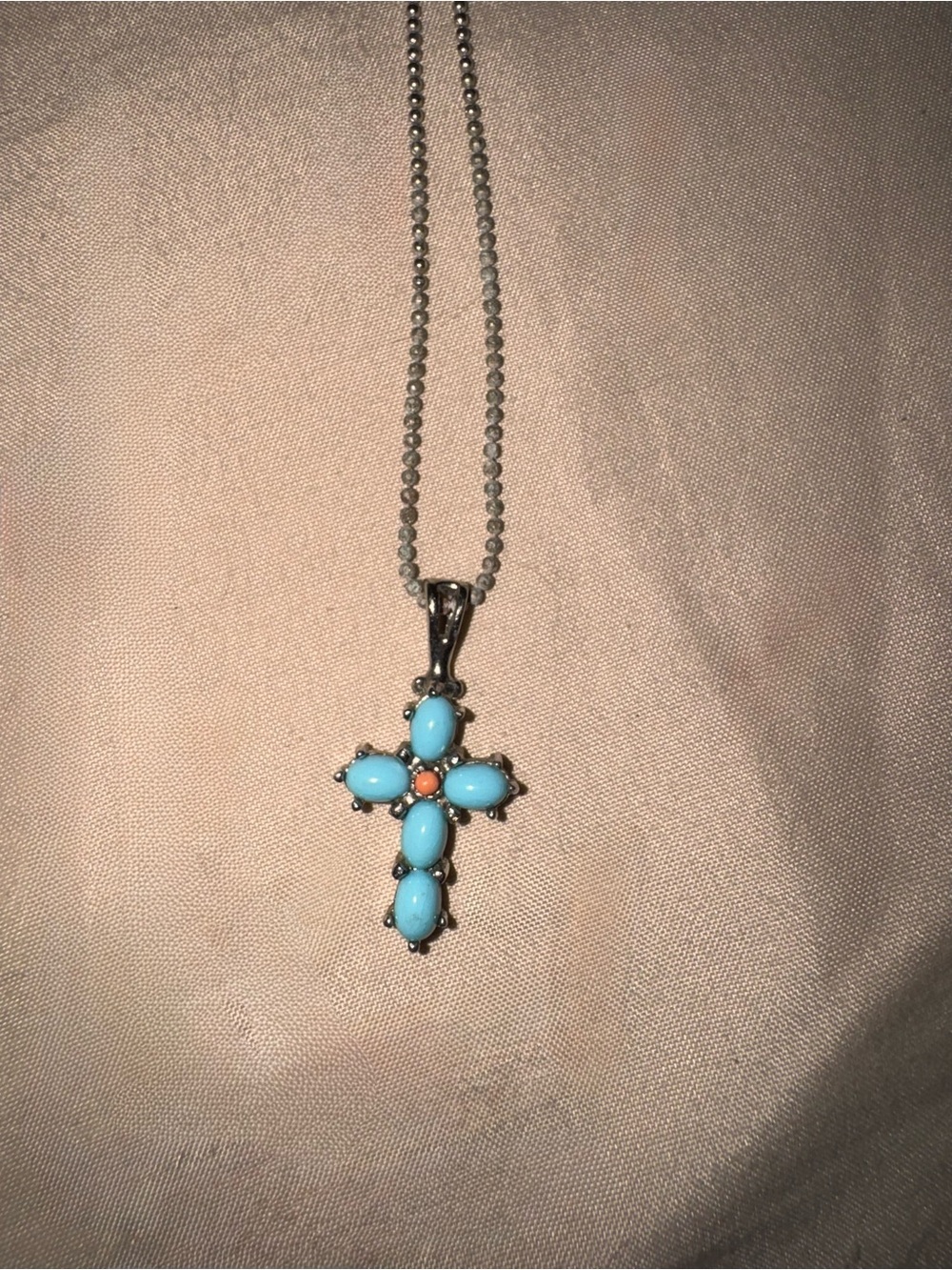 Silver tone Turquoise bead Cross Pendant Necklace - Blue